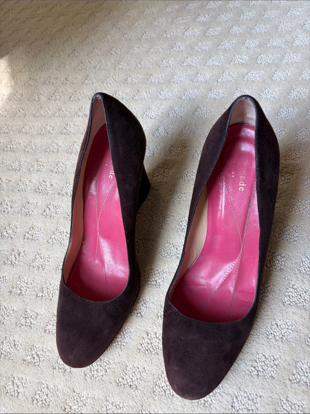 kate spade Dark Brown Suede Wedge Pumps with Pink Insole